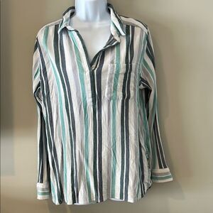 Sonoma Women's White Green & Gray Striped Buttoned Side Slit Button-Up Shirt L